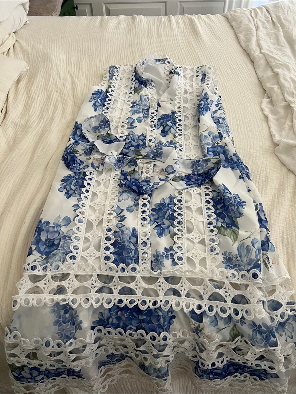 Blue Hydrangea Lace-Trim Women's Dress